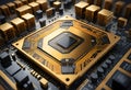 3D close-up of a gold computer processor integrated into a futuristic motherboard. chip with intricate circuit board
