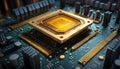 3D close-up of a gold computer processor integrated into a futuristic motherboard. chip with intricate circuit board