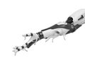 3d close-up rendering of android`s arm, its black and white plastic melting, isolated on white background.