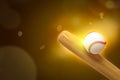 3d close-up rendering of bat hitting baseball on gold-brown gradient bokeh background with copy space. Royalty Free Stock Photo