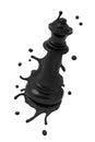 3d close-up rendering of black melting chess queen isolated on white background, splashing black drops around.