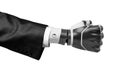 3d close-up rendering of black and white robot`s clenched fist, wearing suit isolated on white background.