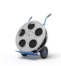 3d close-up rendering of film reel on blue hand truck.