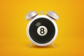 3d close-up rendering of light-grey alarm clock with big black snooker ball with number 8 on it instead of clockface on