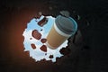 3d close-up rendering of paper coffee cup breaking hole in black wall with blue sky seen through hole.