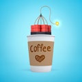 3d close-up rendering of single-use coffee cup with lit bundle of dynamite inside on light blue background.