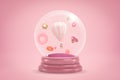 3d close-up rendering of snow globe with different geometric objects and striped pastel pink and blue hot air balloon