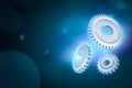 3d close-up rendering of three gear wheels on blue gradient blur bokeh background with copy space. Royalty Free Stock Photo