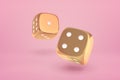 3d close-up rendering of two glossy gold dice bouncing on yogurt pink background. Royalty Free Stock Photo