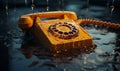 3d close-up rendering of yellow rotary phone, its plastic case melting and splashing around, isolated on white