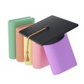 3D Closed Books and university or college black cap Icon. Render Educational or Business Literature. E-book, Literature