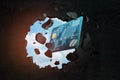 3d closeup rendering of blue plastic credit card breaking hole in black wall with blue sky seen through hole.