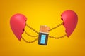 3d closeup rendering of electric battery suspended on chains between two parts of broken heart on amber background.