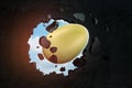 3d closeup rendering of golden egg breaking hole in black wall with blue sky seen through hole.