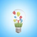 3d closeup rendering of lightbulb and green grass, white gift box and colorful balloons inside it, on light-blue
