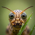 Closeup of a Green and Brown Grasshopper with Dew on Grass Royalty Free Stock Photo