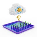 3D Cloud Brain Connected to Network of Green Spheres in Purple Tray cloud computing technology Royalty Free Stock Photo