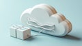 3D Cloud Computing Concept with Connected Boxes and Wires on Soft Blue Background Royalty Free Stock Photo