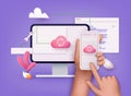 3D Cloud computing upload and download data online service with mobile and computer