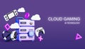 3d cloud gaming banner. Internet media service with computer server, video game joystick, vr glasses, portable console