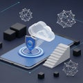 3D Cloud Security Concept with Smartphone, Shield, and Geometric Shapes data protection Royalty Free Stock Photo