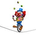 3d Clown juggles on a unicycle on a highwire Royalty Free Stock Photo