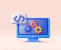 3d code icon and gear cogwheel in computer