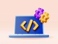 3d code icon and gear cogwheel in laptop