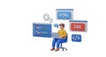 3D Coder Working on Laptop with HTML, CSS, and Code Windows Royalty Free Stock Photo