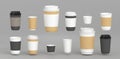 3D Coffee cups with sleeves, open and closed lids, packaging mockup. Realistic set blank disposable black, white and Royalty Free Stock Photo