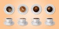 3d coffee mug. Top and side view realistic black tea, latte or cappuccino, hot drinks mockup of bar beverage. Elegant