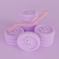 3D coin stack on pastel background,arrow up business growth,icon for web banner,saving money,profit,finance,business investment,