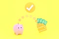 Coins and banknotes and piggy banks. saving concept and spending money