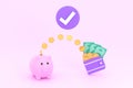 Coins and banknotes and piggy banks. saving concept and spending money