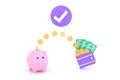 Coins and banknotes and piggy banks. saving concept and spending money