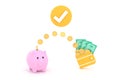 Coins and banknotes and piggy banks. saving concept and spending money