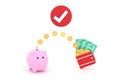 Coins and banknotes and piggy banks. saving concept and spending money