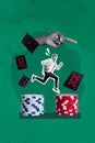 3d collage of black white silhouette young guy jogging one casino roulette chips stack to another hand with play cards Royalty Free Stock Photo