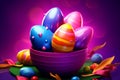 3d neon color Easter eggs in bowl. For postcard, card, invitation, poster, banner Seasons Greetings.