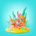 3d Color Underwater World Scene Concept Cartoon Style. Vector Royalty Free Stock Photo