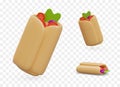 3D color vector shawarma. Lavash with meat and vegetable filling. Spicy burrito, doner kebab