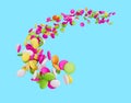 3d Colorful Candy Beans, 3d Rounded Rainbow Candies Flowing Coming In The Air, 3d illustration Royalty Free Stock Photo