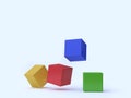 Colorful cube red green blue yellow drop on ground withe background 3d rendering