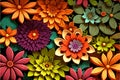 3d colorful floral craft wallpaper. orange, rose, green, and yellow flowers on a light background. for kids\' room wall decor