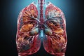 3D colorful illustration of human lungs on dark blue background. Human respiratory system anatomy, bronchia, pleura Royalty Free Stock Photo