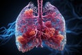 3D colorful illustration of human lungs on dark blue background. Human respiratory system anatomy, bronchia, pleura Royalty Free Stock Photo