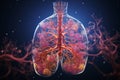 3D colorful illustration of human lungs on dark blue background. Human respiratory system anatomy, bronchia, pleura