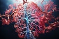 3D colorful illustration of human lungs on dark blue background. Human respiratory system anatomy, bronchia, pleura