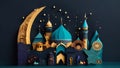 3D colorful illustration mosque with a crescent moon and stars in the night sky, Eid Mubarak greeting card design on a black Royalty Free Stock Photo