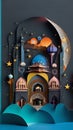 3D colorful illustration mosque with a crescent moon and stars in the night sky, Eid Mubarak greeting card design on a black Royalty Free Stock Photo